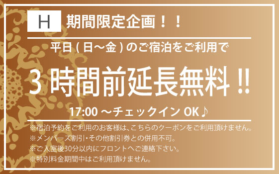 日～金宿泊3時間前延長無料